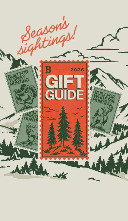 A stylized graphic with the words “Season’s sightings!” above a central orange-red gift guide stamp and three matching hunting-themed stamps over a mountain landscape illustration.