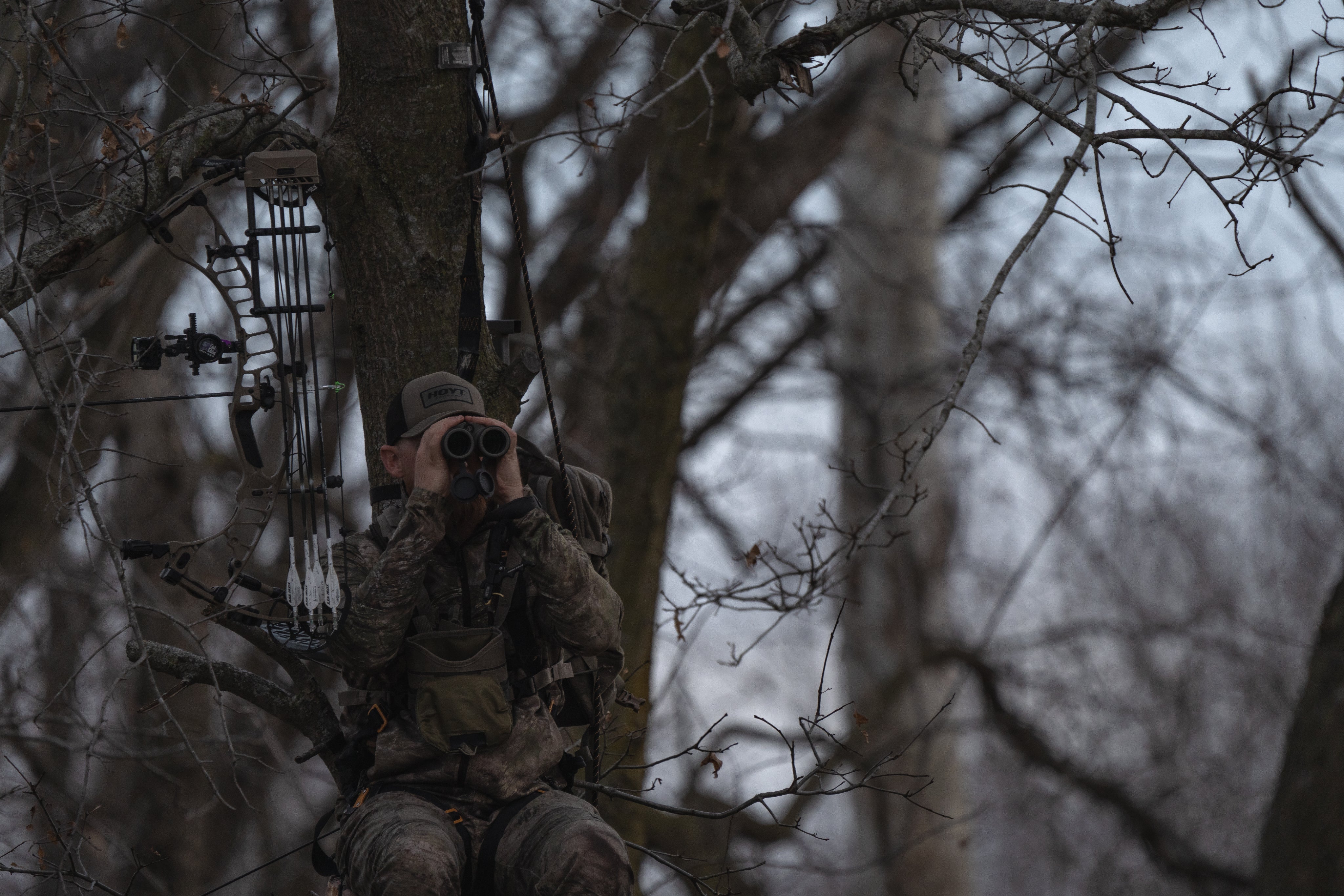 A hunter in camouflage gear sits in a tree, holding binoculars to his eyes. A compound bow with arrows is secured beside him. Bare tree branches and a gray sky are in the background.