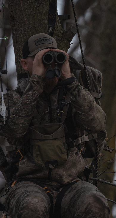 A person in camouflage gear sits in a tree, looking through binoculars. A bow is visible beside them, suggesting they are hunting or observing wildlife in a forested area.