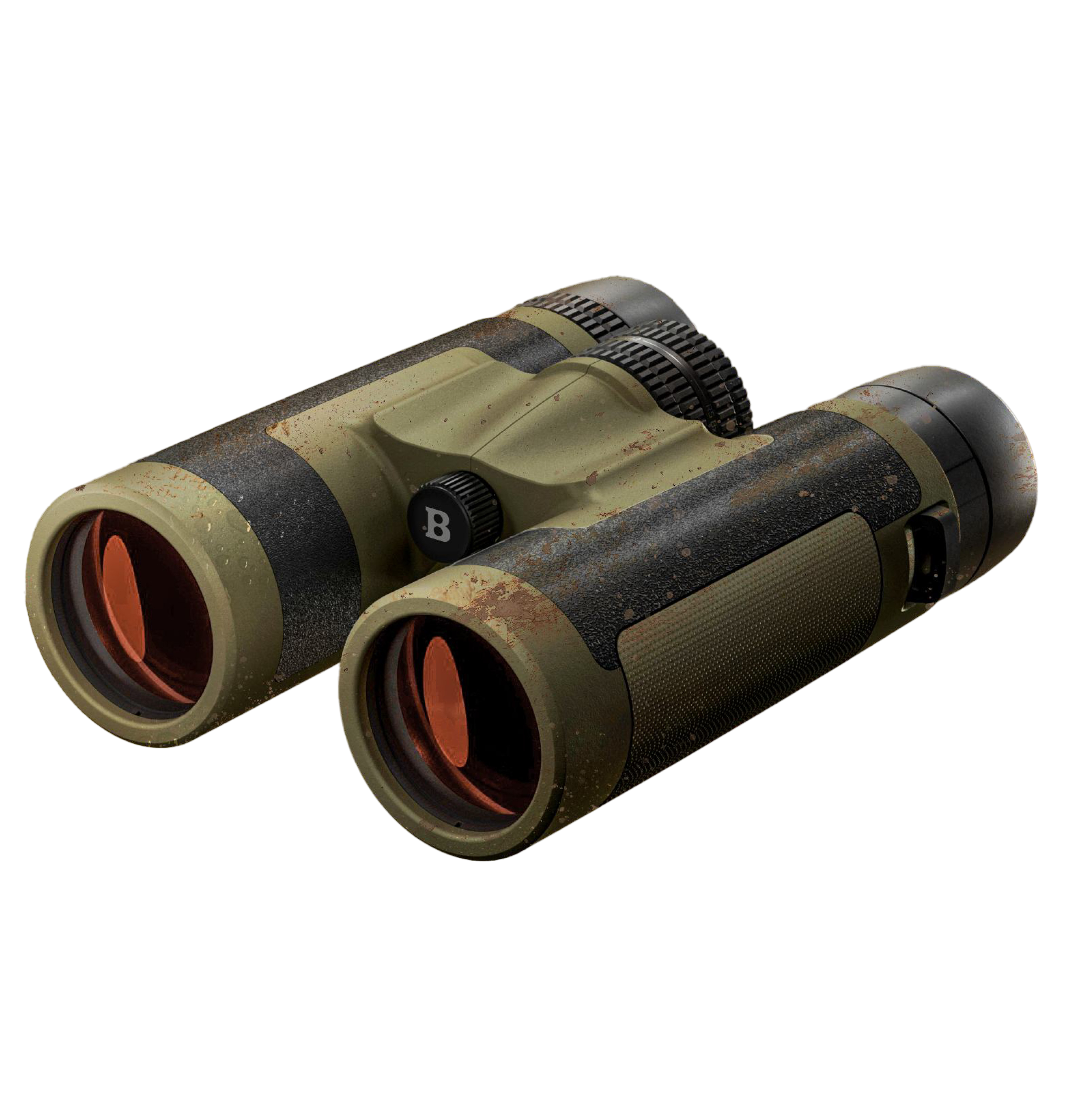 A pair of rugged, camouflage-patterned binoculars with orange-tinted lenses, viewed at an angle on a plain white background.