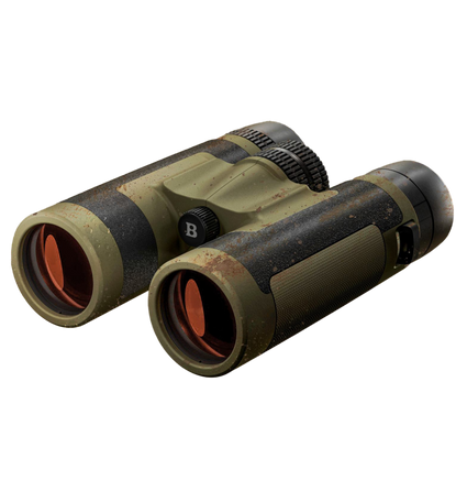 A pair of rugged, camouflage-patterned binoculars with orange-tinted lenses, viewed at an angle on a plain white background.
