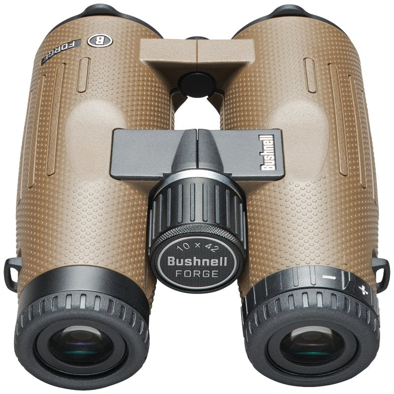 Brown binoculars with black accents on a white background, featuring the Bushnell brand.