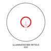 Diagram of an illuminated BDC reticle with a red circle and central crosshair on a white background.