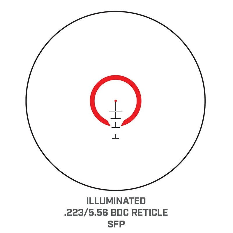 Diagram of a target reticle with illuminated .223/5.56 BDC reticle SFP on a white background