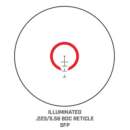 Diagram of a target reticle with illuminated .223/5.56 BDC reticle SFP on a white background