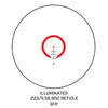 Diagram of a target reticle with illuminated .223/5.56 BDC reticle SFP on a white background