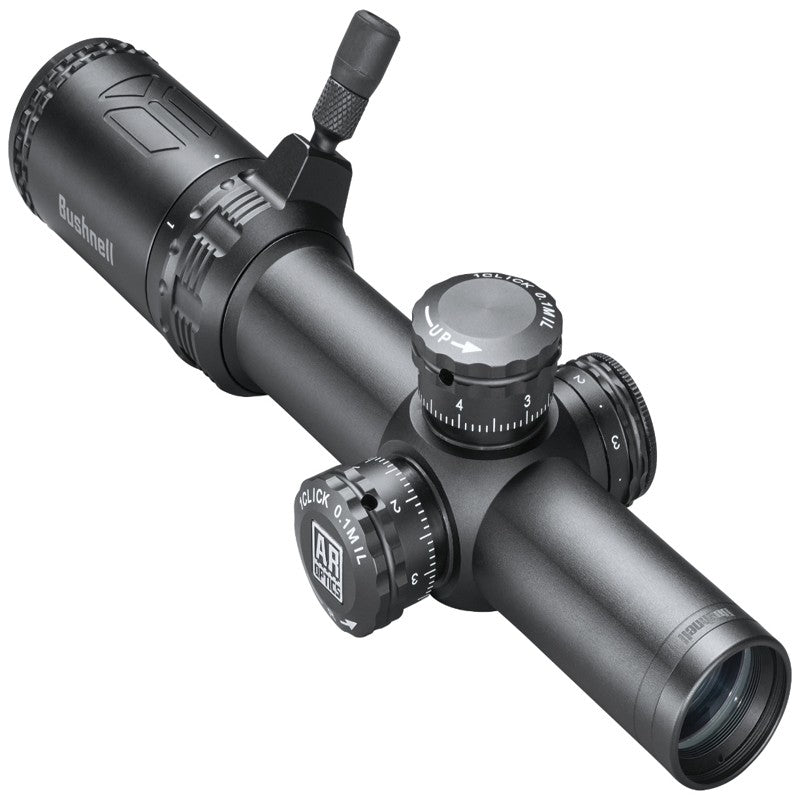 Riflescope with adjustable knobs on a white background