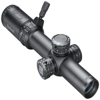 Riflescope with adjustable knobs on a white background