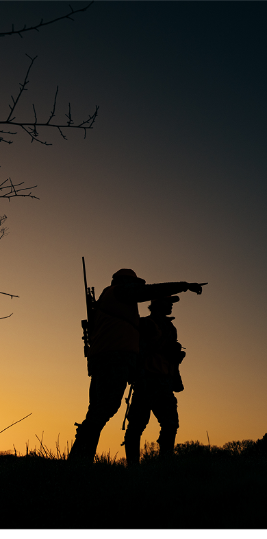 Silhouette of two people outdoors at sunset, one holding a rifle and pointing into the distance while the other stands beside them; tree branches and grass visible in the foreground.