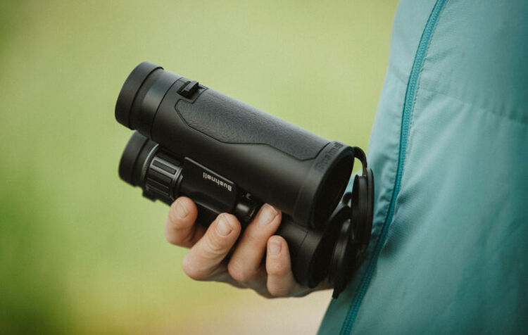 Hand holding a pair of Bushnell Binoculars