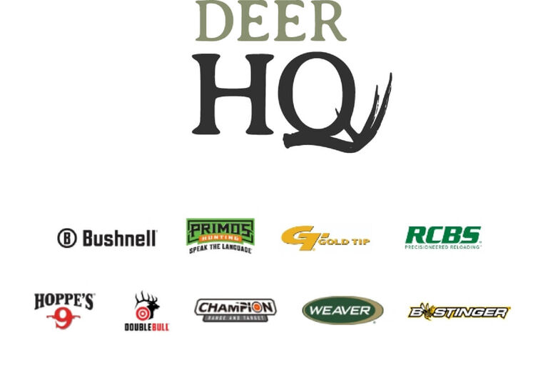 Graphic of Deer HQ logo with brand logos of Bushnell, Primos, Gold Tip, RCBS, Hoppe's DoubleBull, Champion, Weaver, And BeeStinger on white background