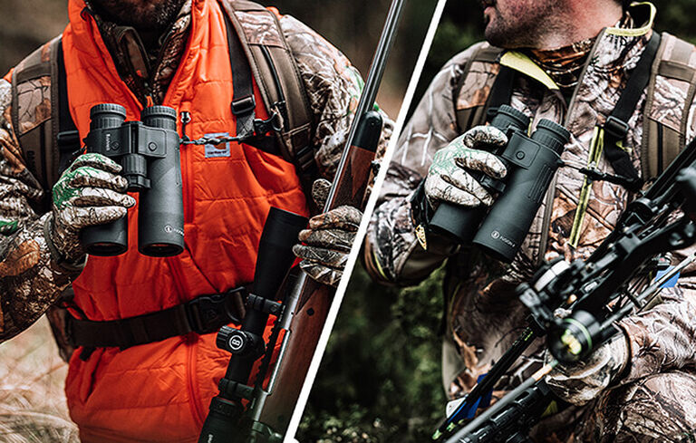 Bow and Rifle hunters holding Fusion X 10x42 Rangefinding Binoculars