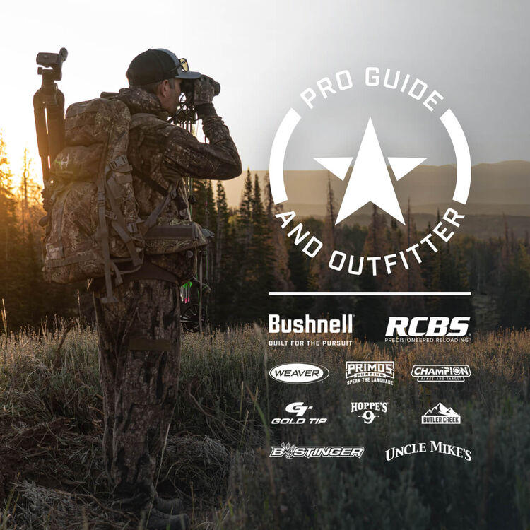 Pro Guide and Outfitter Family of Hunting and Shooting Brands Pro Guide, loaded up with gear, looking through binoculars, with Pro Guide and Outfitter graphic, and Bushnell, RCBS, Weaver, Primos, Champion, Gold Tip, Hoppe's, Butler Creek, Bee Stinger, and Uncle Mike's logos