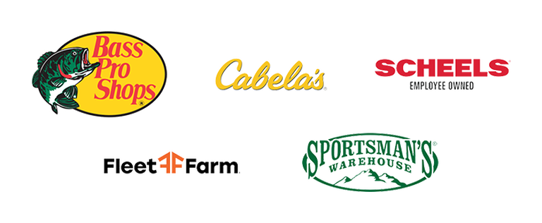 Graphic of logos including Bass Pro Shops, Cabela's, Scheels, Fleet Farm, and Sportsman's Warehouse
