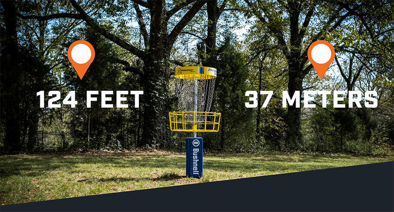 View of disc golf hole with distances in feet and meters