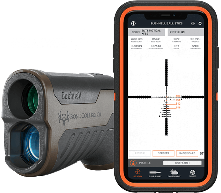 Bone Collector Laser Rangefinder and phone with Bushnell Ballistics Ap on transparent background