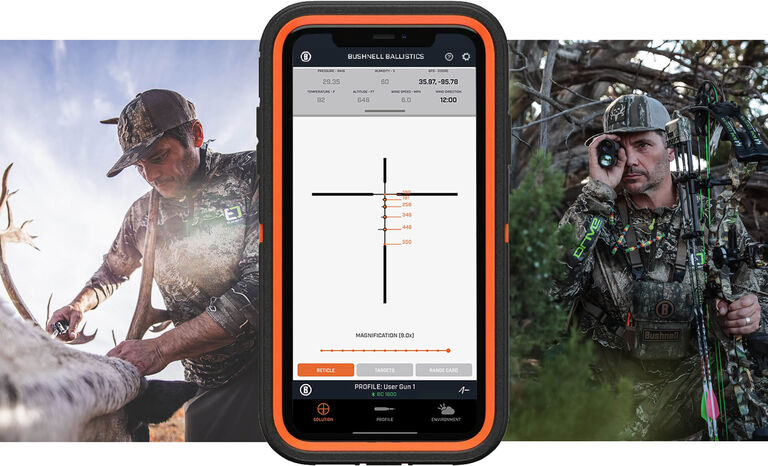 Bushnell Ballistics App on phone screen with images of Bone Collector Nick Mundt using Bone Collector Laser Rangefinders