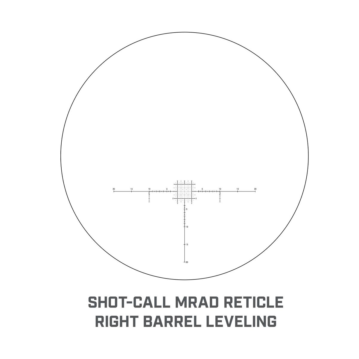 Shot-Call MRAD-Retikel mit 2/10-Grid innen und .5-MRAD-Abstufungen außen.