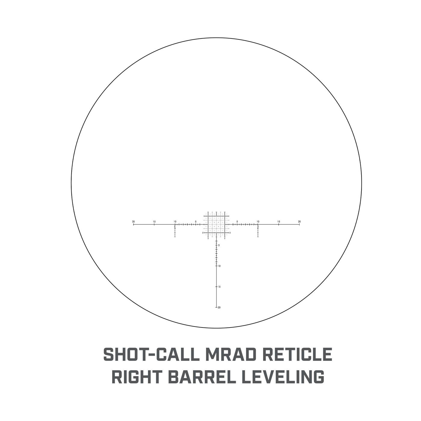 Shot-Call MRAD-Retikel mit 2/10-Grid innen und .5-MRAD-Abstufungen außen.