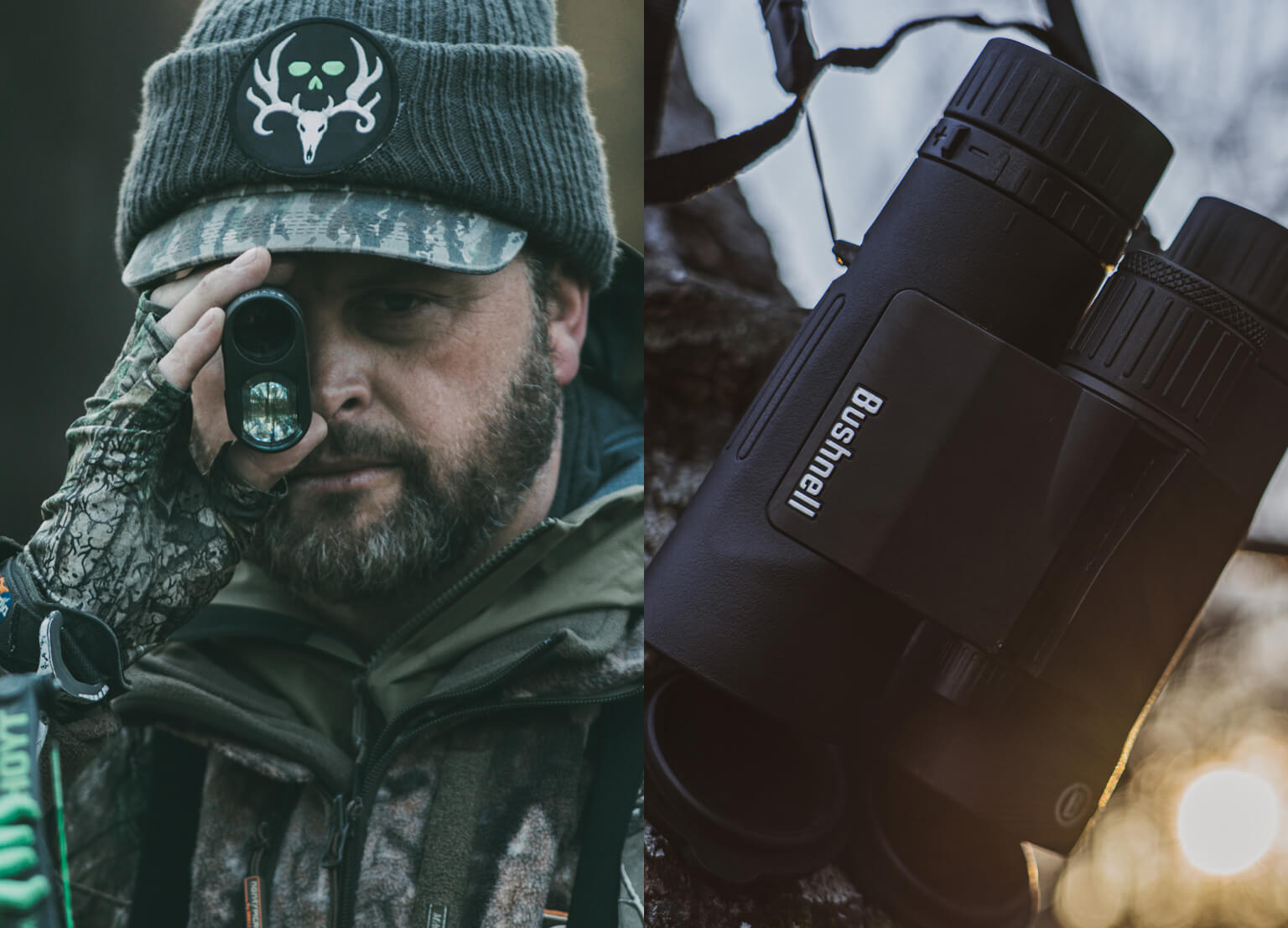 Collage image with bow hunter looking through Bushnell Laser Rangefinder and pair of Bushnell Binoculars in the woods